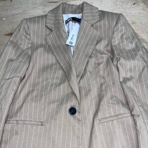 Zara Tan and White Pinstripe Oversized Women's Blazer Brand New!